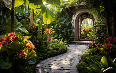 Obraz premium A beautiful garden filled with flowers and trees.