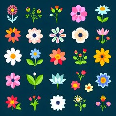 Colorful flat design flowers, vibrant floral icons, simple geometric shapes, playful botanical illustrations