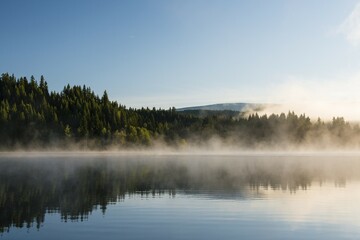 Fog above lake, Dutch Lake, Clearwater, British Columbia, Canada, North America