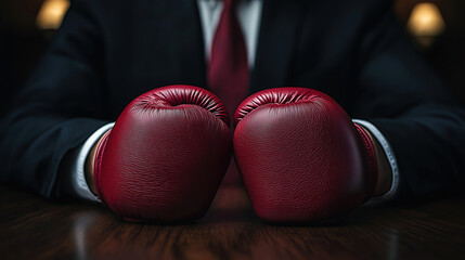 Businessman sits confidently with red boxing gloves on table, ready for challenges and negotiations in the office setting. Generative AI