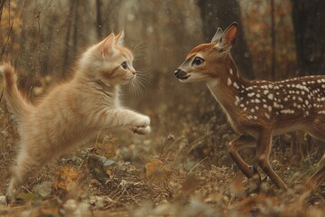Fototapeta premium A cat startled by a deer in the woods. Generative AI
