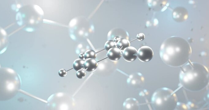Benzonitrile rotating 3d molecule, molecular structure of aromatic organic compound, seamless video