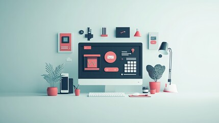 flat design showing digital marketing innovations, new tools and concepts, minimal style with copy space, free of logos, trademarks, and text.