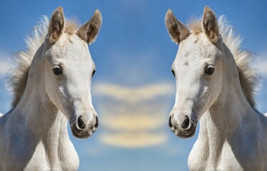 Obraz premium KI generated, Two white foals, portrait, blue sky, horses, grey foals, montage