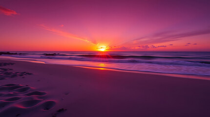 Obraz premium Vibrant sunset over beach, dramatic purple and orange sky, golden sun sinking into horizon, calm ocean waves, sandy shoreline, footprints in sand, serene coastal landscape, vivid colors, twilight atmo
