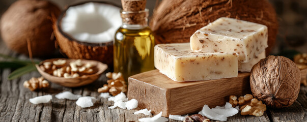 Artisanal soap bars with coconut and walnut, showcasing natural ingredients and rustic charm. Perfect for relaxing spa experience or gift