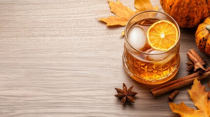Cozy wooden table setting, glass of Maple Bourbon Old Fashioned garnished with candied orange peel, surrounded by cinnamon sticks and fall leaves