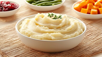 Creamy mashed potatoes being spooned onto a plate, surrounded by side dishes like green beans almondine, baked yams, and cranberry relish