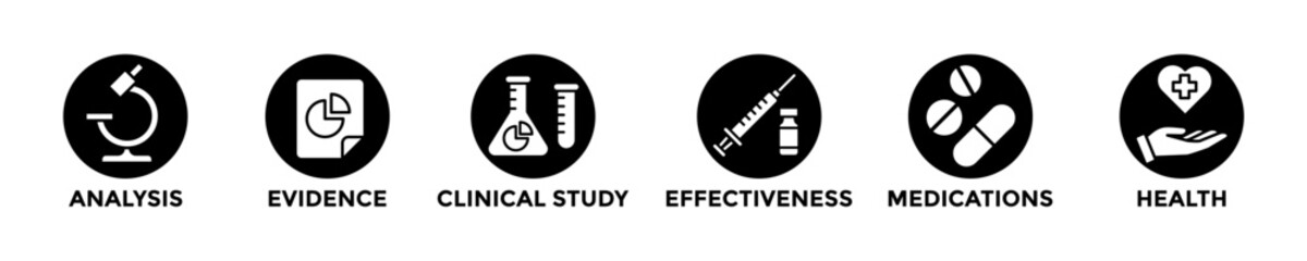 clinical research web banner concept with group of icons for business and media