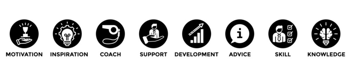coaching web banner concept with group of icons for business and media