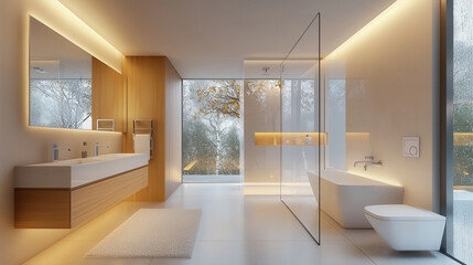 Fototapeta premium minimalist bathroom with clean lines, modern fixtures, and natural light. serene atmosphere enhances relaxation and comfort