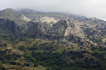 Rock massif in fog, Sierra de Grazalema nature park Park, Sierra de Pinar, Grazalema, Province of Cadiz, Andalusia, Spain, Europe