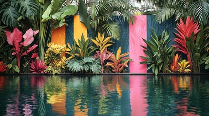 Vibrant tropical plants frame a pool reflecting colorful wall.