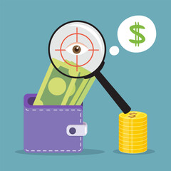 Magnify glass and wallet with pocket money . Business Finance. Flat, Vector, Illustration, Cartoon, EPS10.  