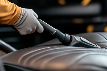 A close-up of a gloved hand using a handheld vacuum cleaner on a leather car seat, focusing on cleanliness and care in a modern interior setting