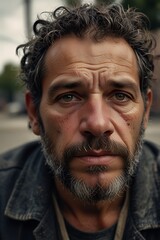 portrait of a homeless man with chapped lips, a bruised face, and a look of quiet determination
