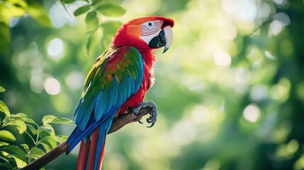 Obraz premium Scarlet macaw perched on a branch in lush green foliage.