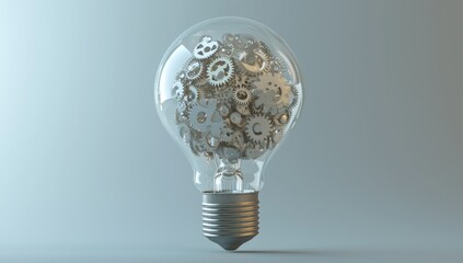 A light bulb filled with colorful gears symbolizes innovation, creativity, and the merging of ideas and mechanics.and ideas in business.