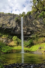 Wall of columnar basalt with waterfall Bridal Veil Falls, tropical vegetation, Pakoka River,...