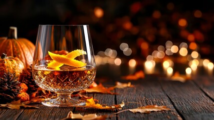 Crystal glass of smoky bourbon with an orange peel twist, deep amber tones reflecting fall leaves and Thanksgiving harvest centerpiece