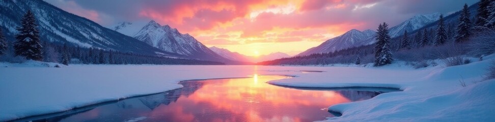 Sunrise over a frozen lake in the mountains - ice forming on the surface, winter scenes, cold climate