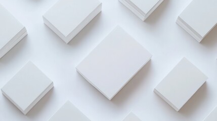 Aerial view of blank business cards on white surface