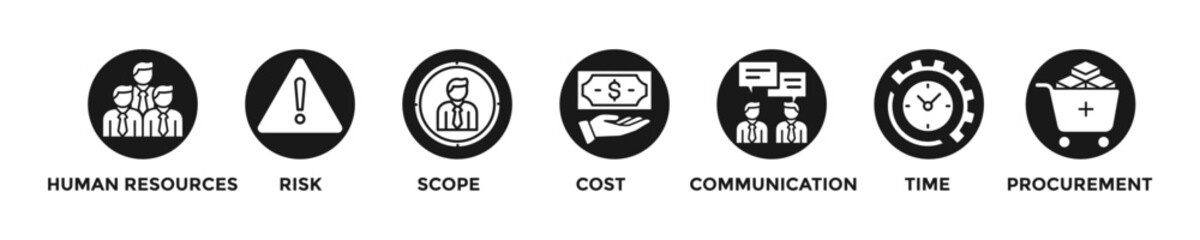 project management web banner concept with group of icons for business and media