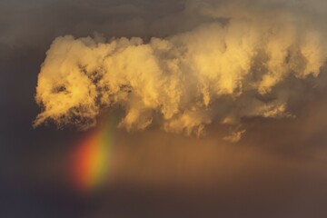 Evening thunderstorm with Cumulonimbus cloud and rainbow above a sand dune, rainy season, Kalahari...
