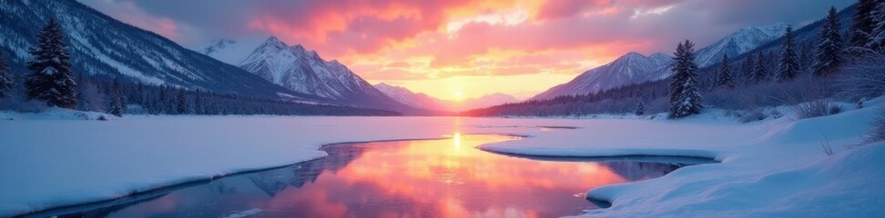 Fototapeta premium Sunrise over a frozen lake in the mountains - ice forming on the surface, winter scenes, cold climate