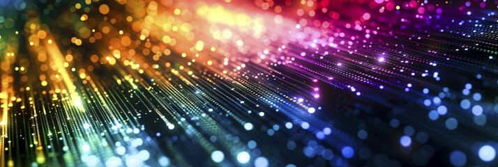 Obraz premium Colourful fibre optic cables with glowing ends in neon colours, symbolising modern technology, AI generated, AI generated