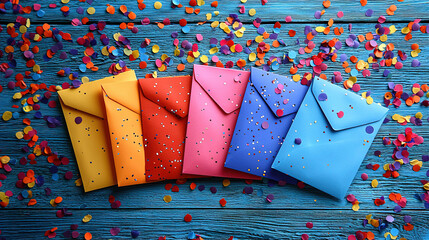 Colorful envelopes arranged on a vibrant wooden surface with confetti scattered around, perfect for festive occasions. Generative AI