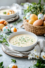 A beautifully decorated Easter table set for a zurek traditional Polish Easter meal. AI generative.