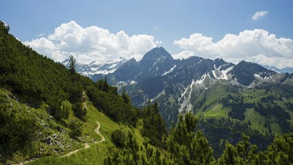 Panorama of the glide path over Oytal valley to Höfats, Allgäu Alps, Allgäu, Bavaria, Germany,...