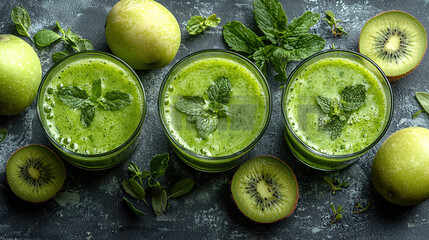 Refreshing green smoothies arranged with fresh fruits and mint leaves on a textured surface in a bright kitchen setting. Generative AI