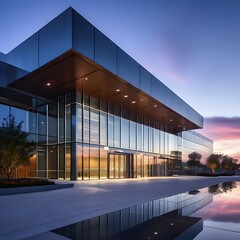 Obraz premium Modern hospitals glass entrance reflecting the morning sunlight, AI generated, modern, architecture