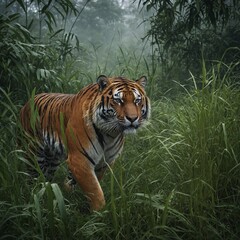 Fototapeta premium A tiger prowling through tall grass in a misty jungle.