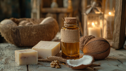 Rustic setting with soap, coconut oil, and natural elements creating warm, inviting atmosphere. Perfect for wellness and self care themes