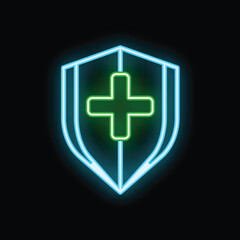 Neon shield is surrounding a green cross symbol, representing health protection