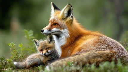 Red fox vixen lovingly cradling her adorable kit in a lush green forest.