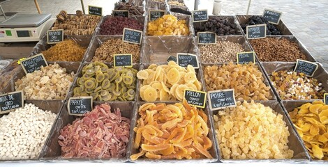 Candied fruits at a street stall, at the port of Saint Martin de Ré, Ile de Ré, Vandée, France,...