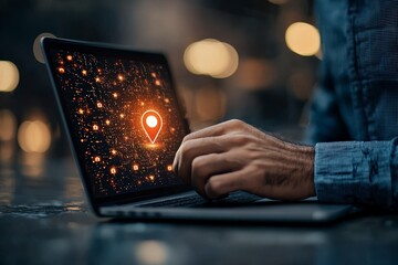 Modern Laptop with Digital Map Pin Symbolizing Navigation and Location Tracking Technology in Urban Environment