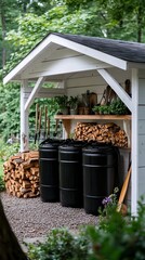 Obraz premium Neatly arranged firewood, compost bins, and gardening tools under a white backyard shed, symbolizing sustainability, organization, and eco-friendly living.