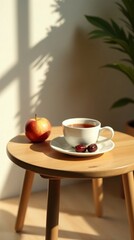 Sunlit Morning Tea Ritual A Cup of Warmth, Fruit, and Tranquility on a Wooden Side Table