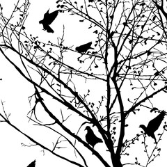 Background illustration with pigeons silhouettes in the trees, vector