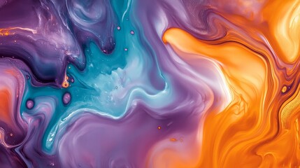 Obraz premium A vibrant painting with a mix of purple, blue, and orange colors. The purple swirls are in the center, while the blue swirls are on the left side