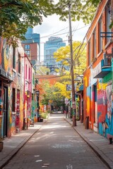 Naklejka premium A narrow alleyway with colorful buildings and graffiti on the walls. The buildings are painted in various colors, and there are several potted plants along the street