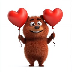 Cute Brown Bear with Red Heart Balloons on White Background