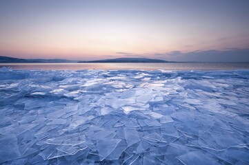 Fototapeta premium Stacked sheets of ice on the shore of the island of Reichenau, Lake Constance, Konstanz district, Baden-Wuerttemberg, Germany, Europe