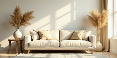 Serene Living Room Decor  Neutral-toned Sofa with Pampas Grass Accents and Wooden Side Table