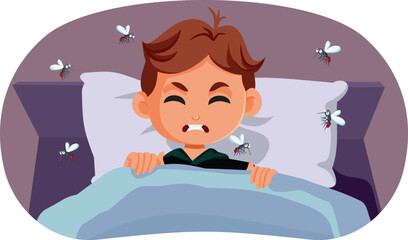 Insects Disturbing the Sleep of Little Kid Vector Cartoon Illustration. Kid being annoyed by insects while trying to get some rest 
